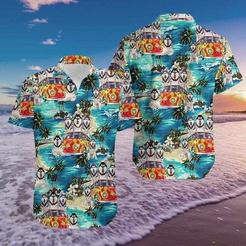 Beach Shirt Hippie Car With Husky Blue Sea Tropical Summer Hawaiian Aloha Shirts