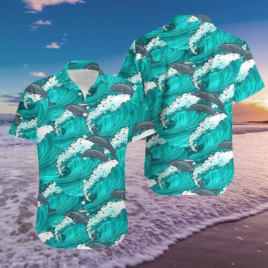 Beach Shirt Discover Cool Funny Blue Dolphin On Wave Summer Vibe Tropical Hawaiian Aloha Shirts 258H