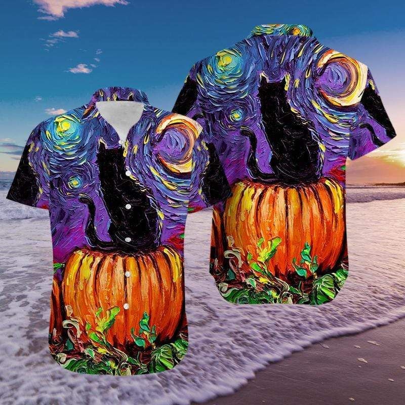 Beach Shirt Order Black Cat Halloween Art Hawaiian Aloha Shirts