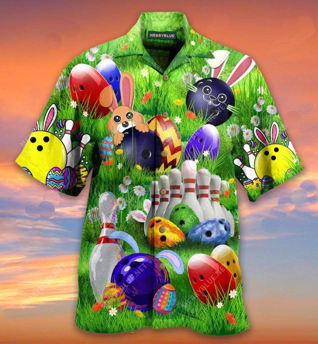 Beach Shirt Get Now Happy Easter Bowling Eggs And Bunny Pin Green Hawaiian Aloha Shirts