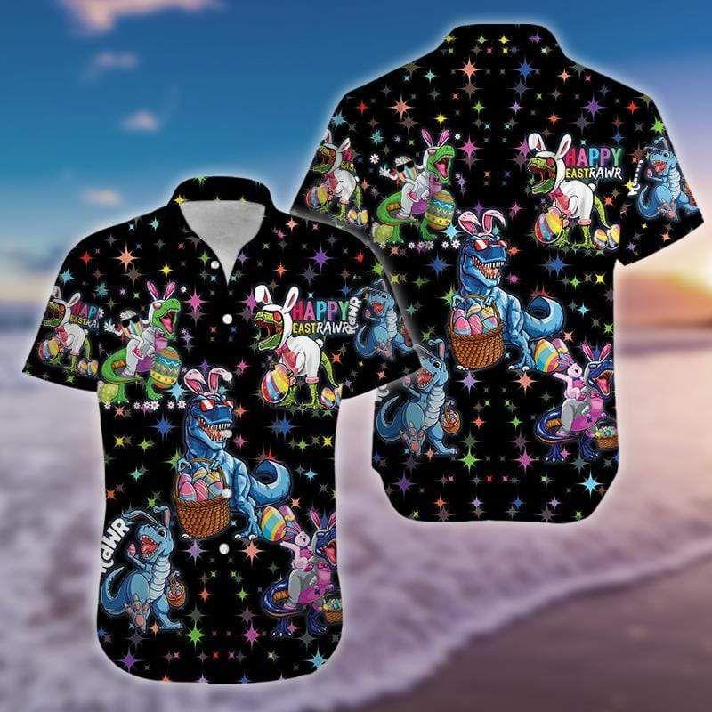 Beach Shirt Discoer Cool Amazing Happy Easter Raws T-Rex Dinosaur Black Hawaiian Aloha Shirts 