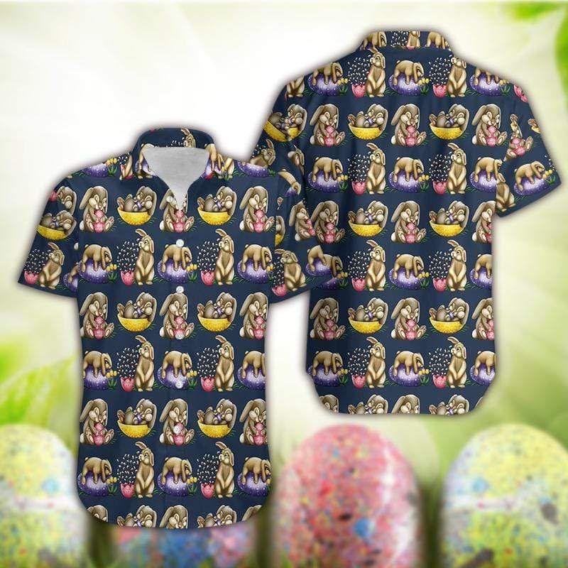 Beach Shirt Hawaiian Aloha Shirts Happy Easter Day Bunny Eggs 