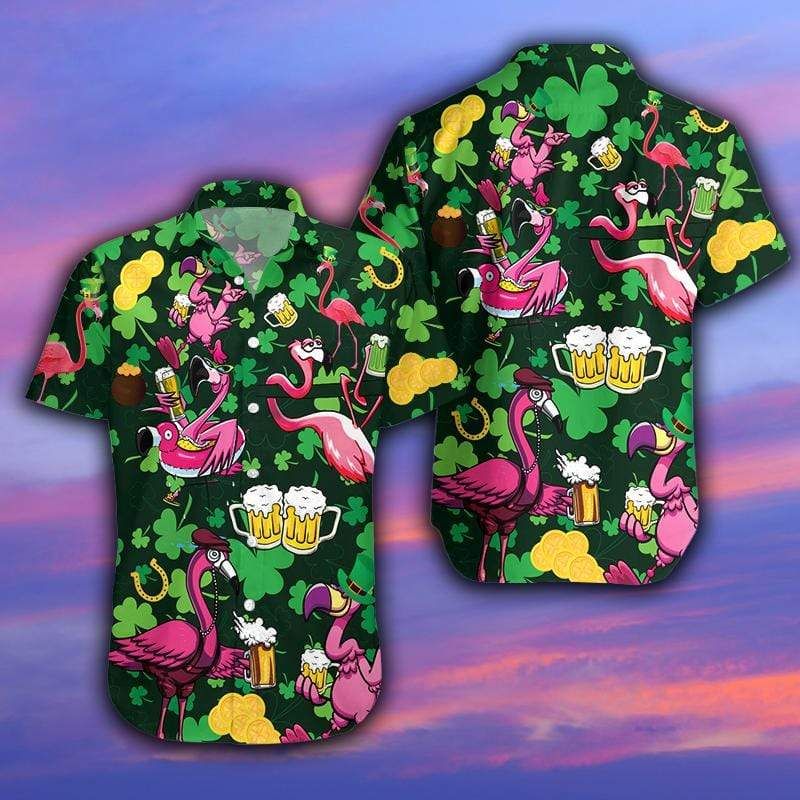 Beach Shirt Flamingo Drink Beer On Saint PatrickS Day Pink Green Hawaiian Aloha Shirts 