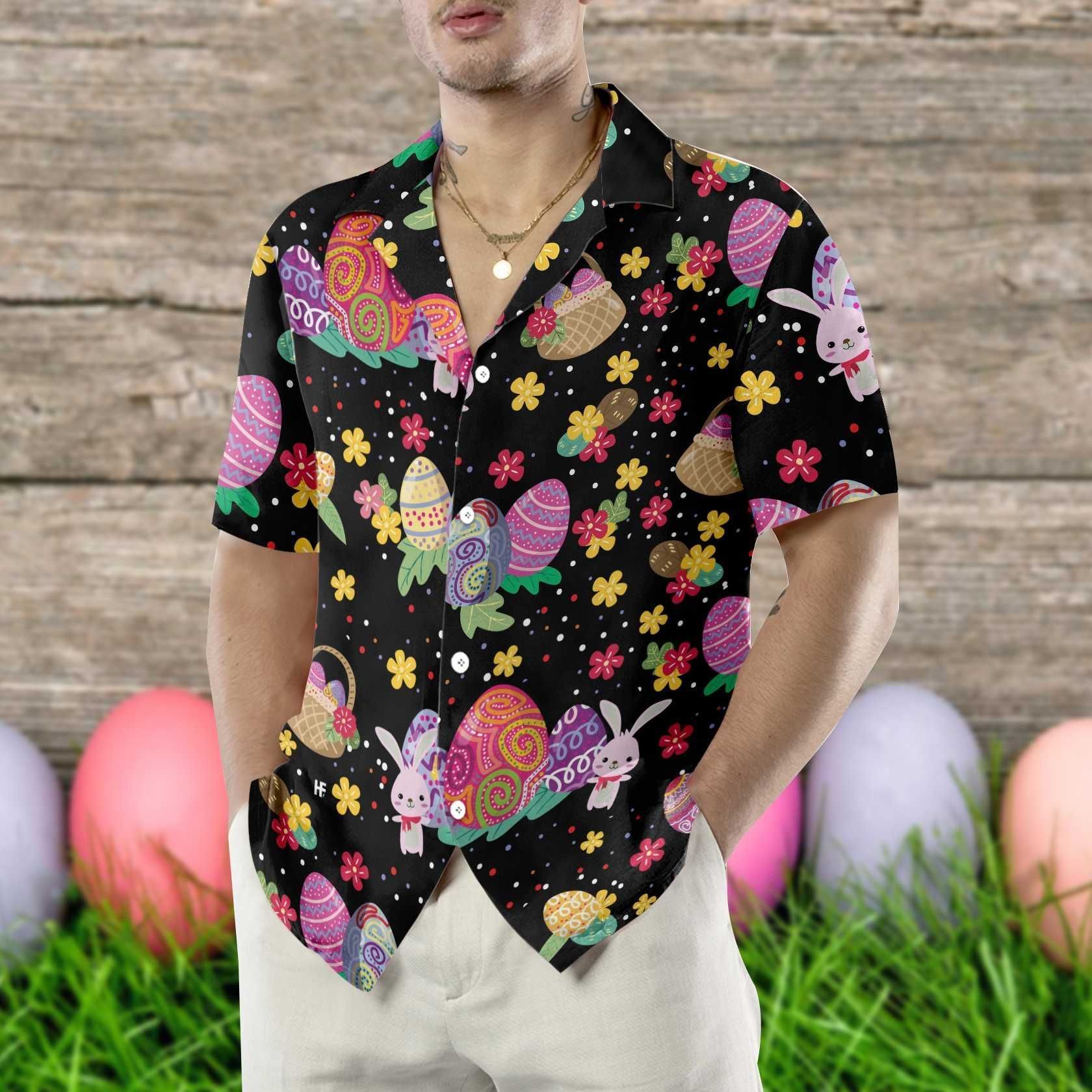 Beach Shirt High Quality Happy Easter Eggs Bunny Flowers Colorful Hawaiian Aloha Shirts 