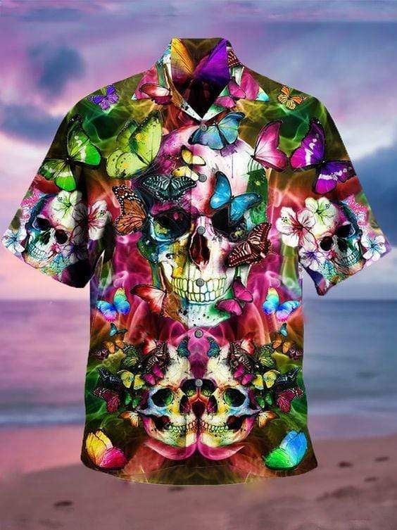 Beach Shirt Find Hawaiian Aloha Shirts Colorful Skull Blooming Butterfly