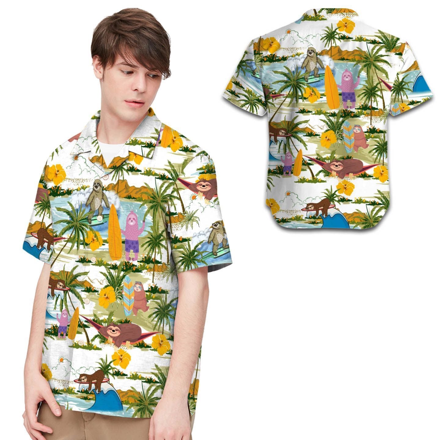 Sloth Surfing Tropical Coconut Tree Hawaiian Shirt, Summer Shirt, Beach Shirts For Men