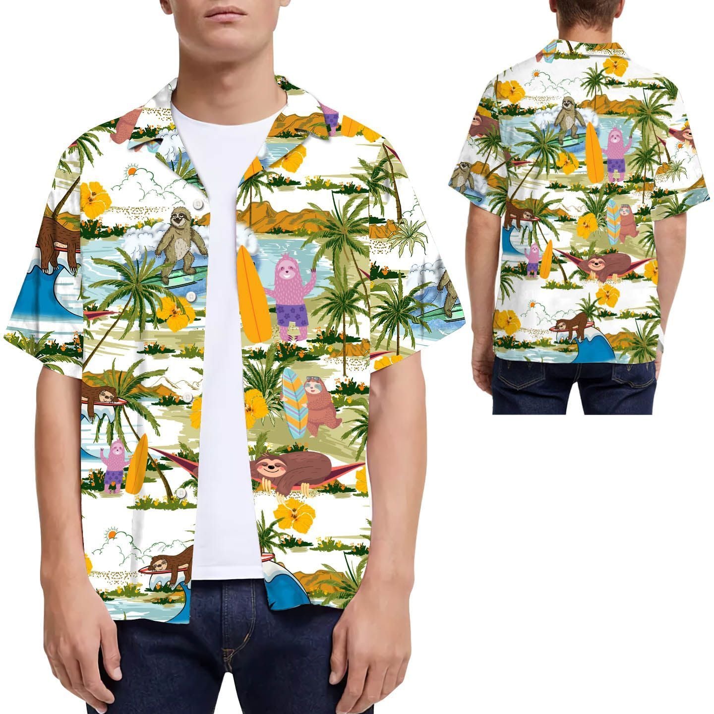 Sloth Surfing Tropical Coconut Tree Hawaiian Shirt, Summer Shirt, Beach Shirts For Men