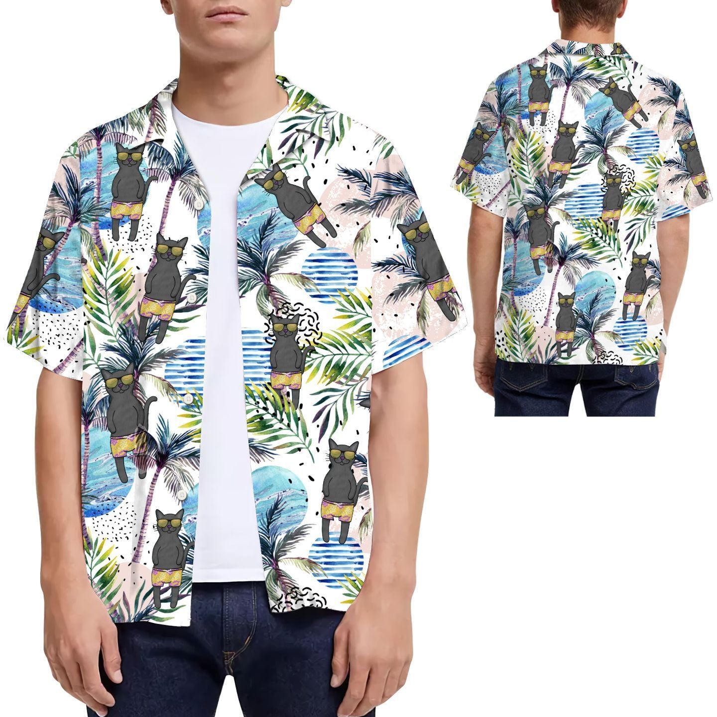 Black Cat And Beach Men Hawaiian Shirt, Summer Shirt, Beach Shirts For Pet Lovers In Daily Life