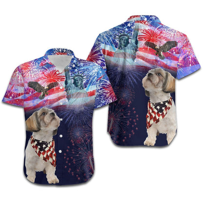 Shih Tzu Fireworks American Independence Day Men Hawaiian Shirt, Summer Shirt, Beach Shirts