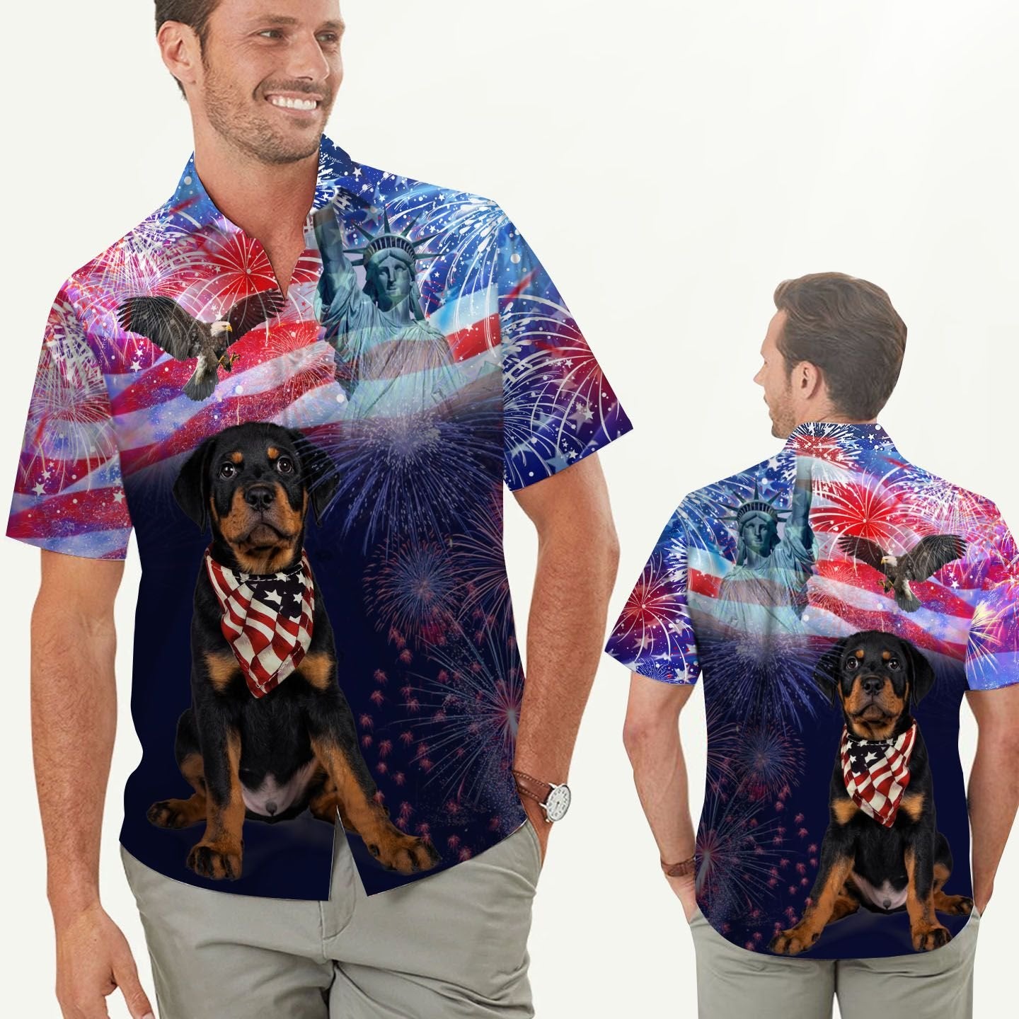 Rottweiler Fireworks American Independence Day Men Hawaiian Shirt, Summer Shirt, Beach Shirts