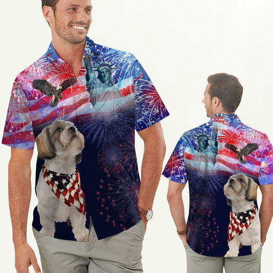 Shih Tzu Fireworks American Independence Day Men Hawaiian Shirt, Summer Shirt, Beach Shirts