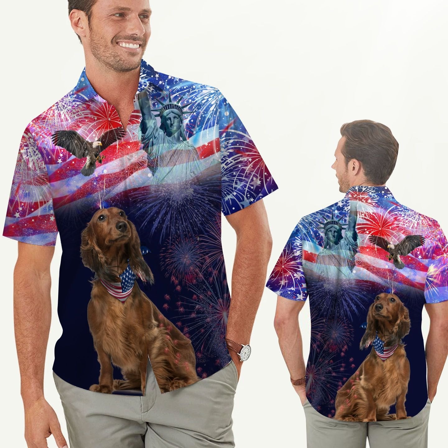 Dachshund Fireworks American Independence Day Men Hawaiian Shirt, Summer Shirt, Beach Shirts