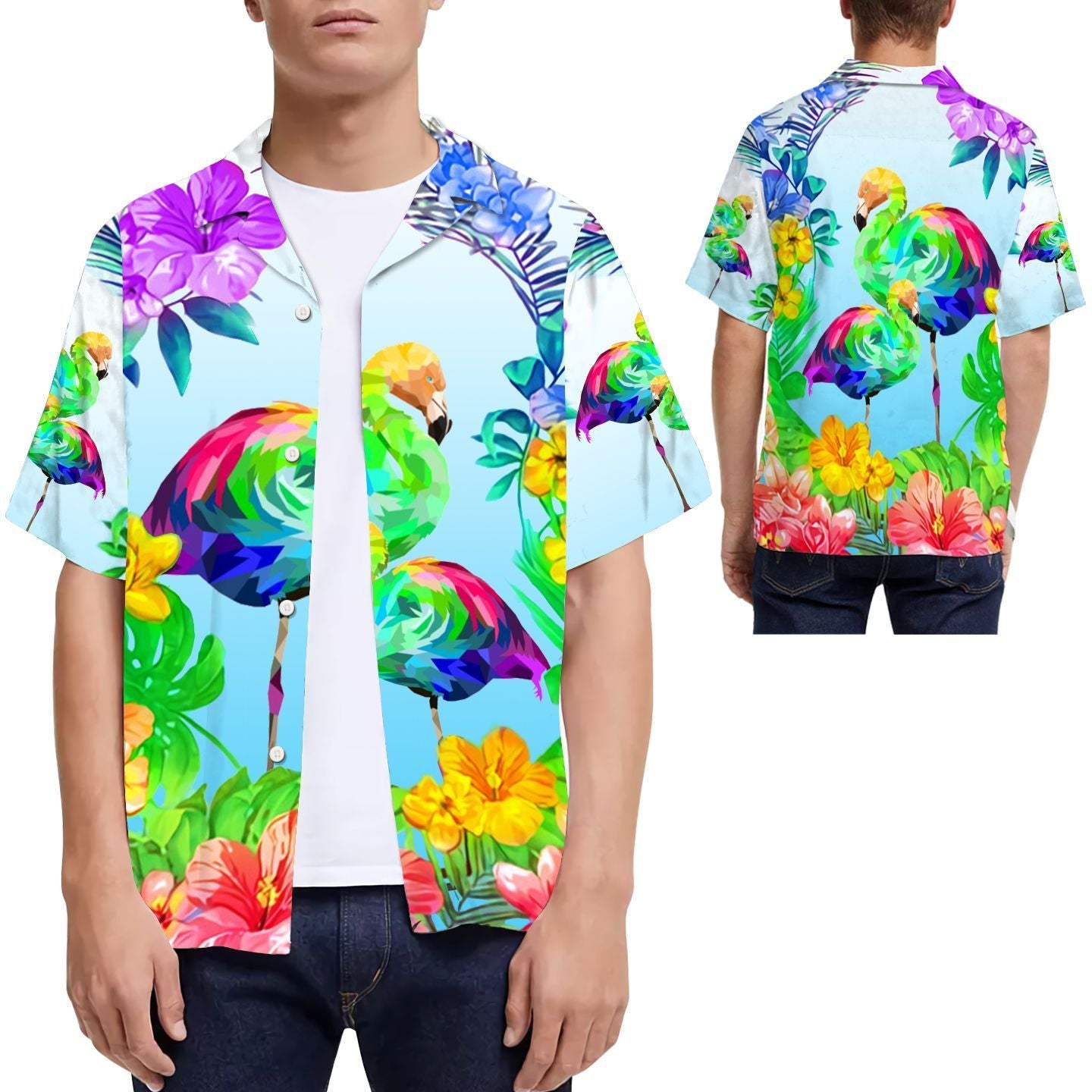 LGBT Flamingo Tropical Floral Men Hawaiian Shirt, Summer Shirt, Beach Shirts