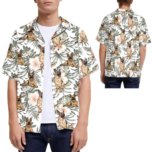 German Shepherd Tropical Leaves Hibiscus Men Hawaiian Shirt, Summer Shirt, Beach Shirts For Dog Lovers