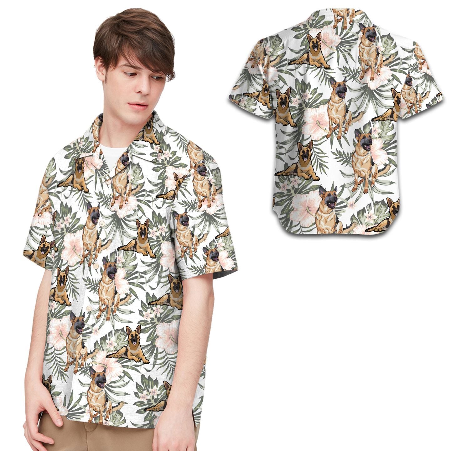 German Shepherd Tropical Leaves Hibiscus Men Hawaiian Shirt, Summer Shirt, Beach Shirts For Dog Lovers