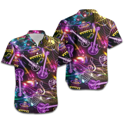 Neon Guitar Music Staves Men Hawaiian Shirt, Summer Shirt, Beach Shirts For Guitarists In Daily Life