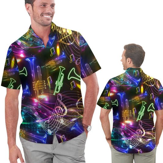 Neon Trumpet Music Staves Men Hawaiian Shirt, Summer Shirt, Beach Shirts For Trumpeters In Daily Life