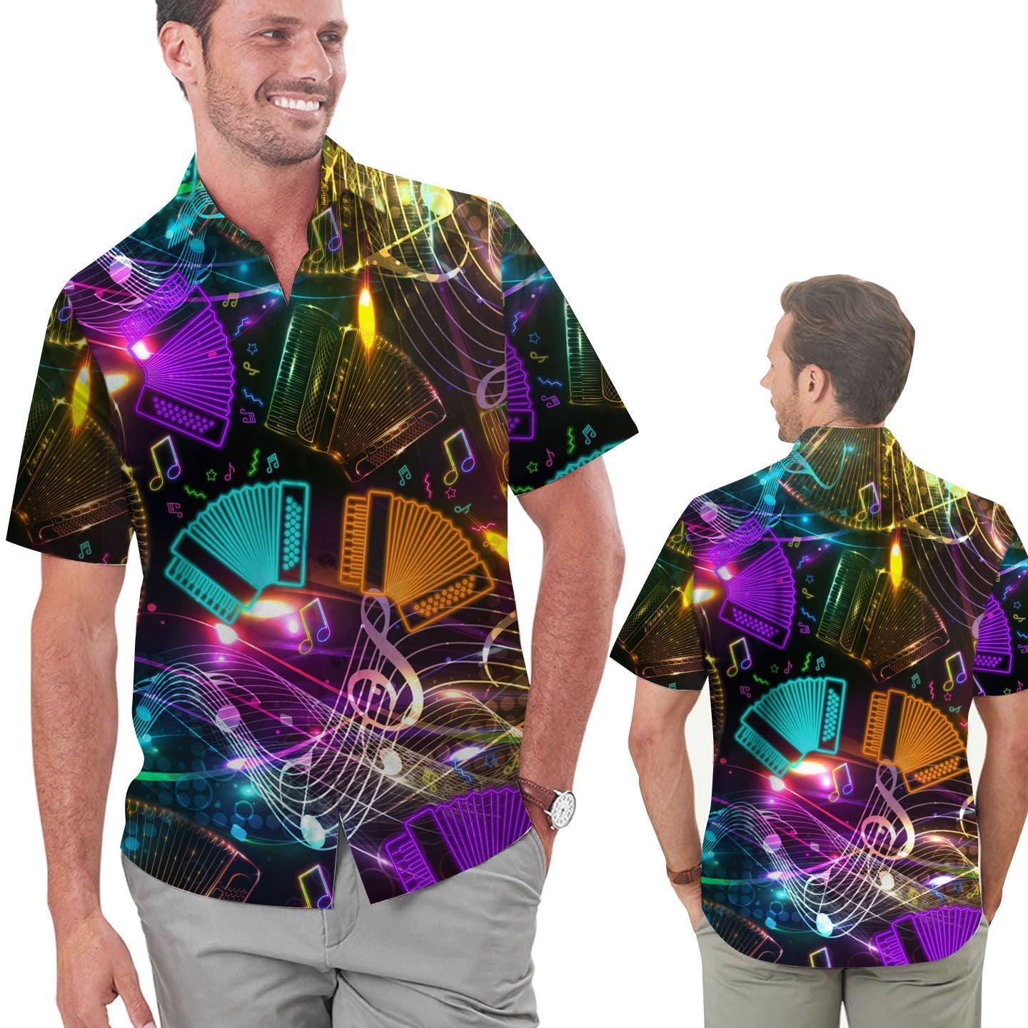 Neon Accordion Music Staves Men Hawaiian Shirt, Summer Shirt, Beach Shirts For Accodionists In Daily Life