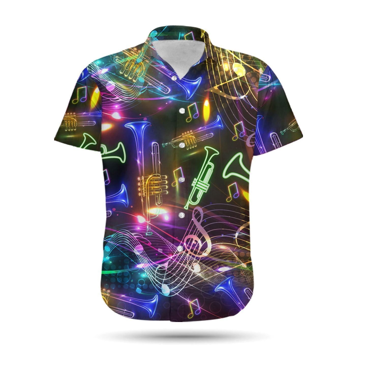 Neon Trumpet Music Staves Men Hawaiian Shirt, Summer Shirt, Beach Shirts For Trumpeters In Daily Life