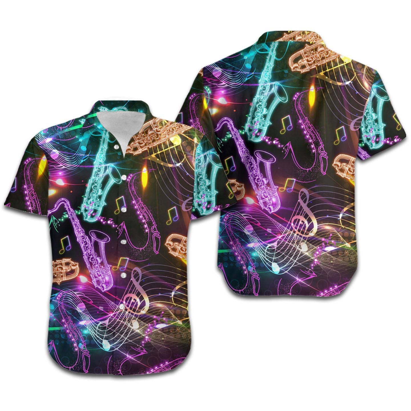 Neon Saxophone Music Staves Men Hawaiian Shirt, Summer Shirt, Beach Shirts For saxophonists In Daily Life