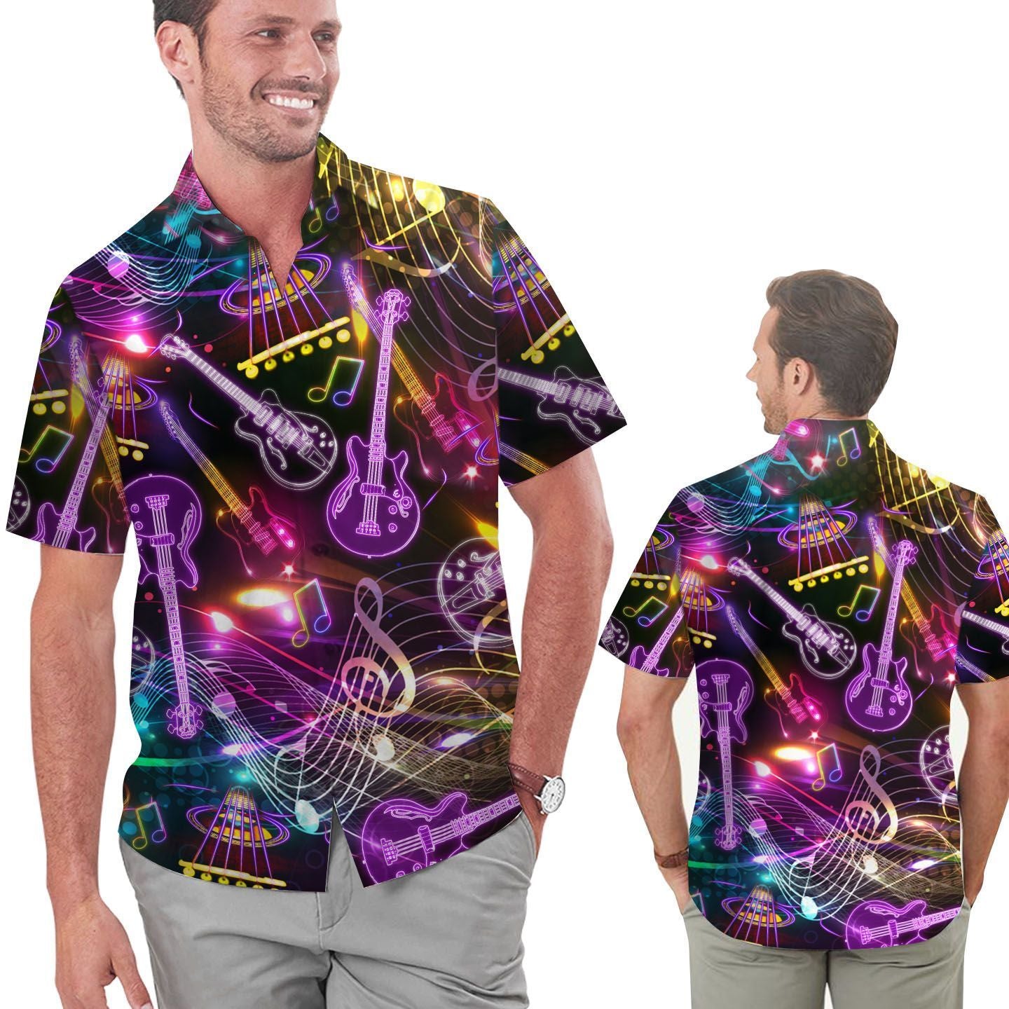 Neon Guitar Music Staves Men Hawaiian Shirt, Summer Shirt, Beach Shirts For Guitarists In Daily Life