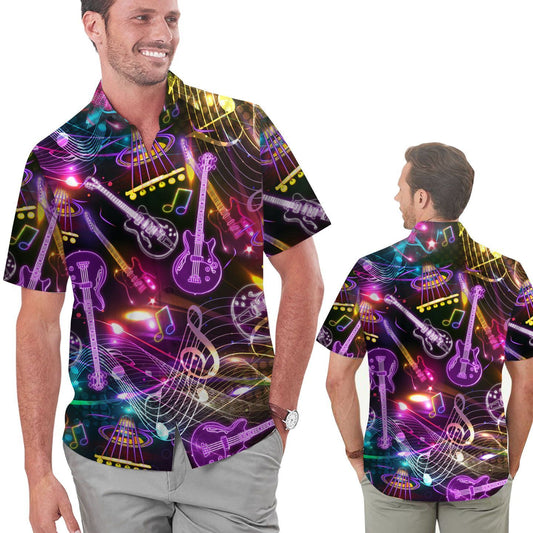 Neon Guitar Music Staves Men Hawaiian Shirt, Summer Shirt, Beach Shirts For Guitarists In Daily Life