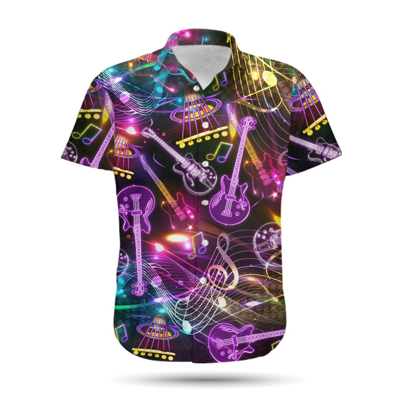 Neon Guitar Music Staves Men Hawaiian Shirt, Summer Shirt, Beach Shirts For Guitarists In Daily Life