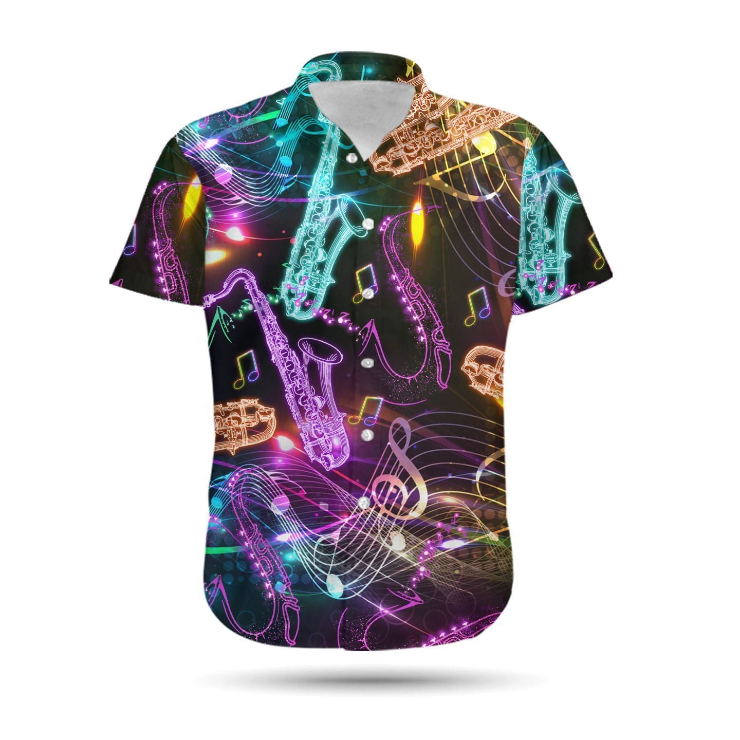 Neon Saxophone Music Staves Men Hawaiian Shirt, Summer Shirt, Beach Shirts For saxophonists In Daily Life