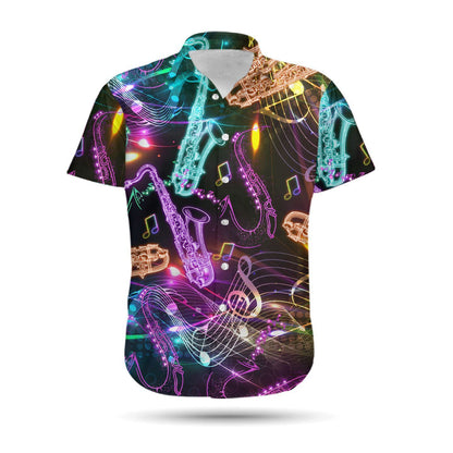 Neon Saxophone Music Staves Men Hawaiian Shirt, Summer Shirt, Beach Shirts For saxophonists In Daily Life