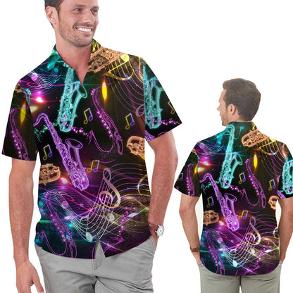 Neon Saxophone Music Staves Men Hawaiian Shirt, Summer Shirt, Beach Shirts For saxophonists In Daily Life