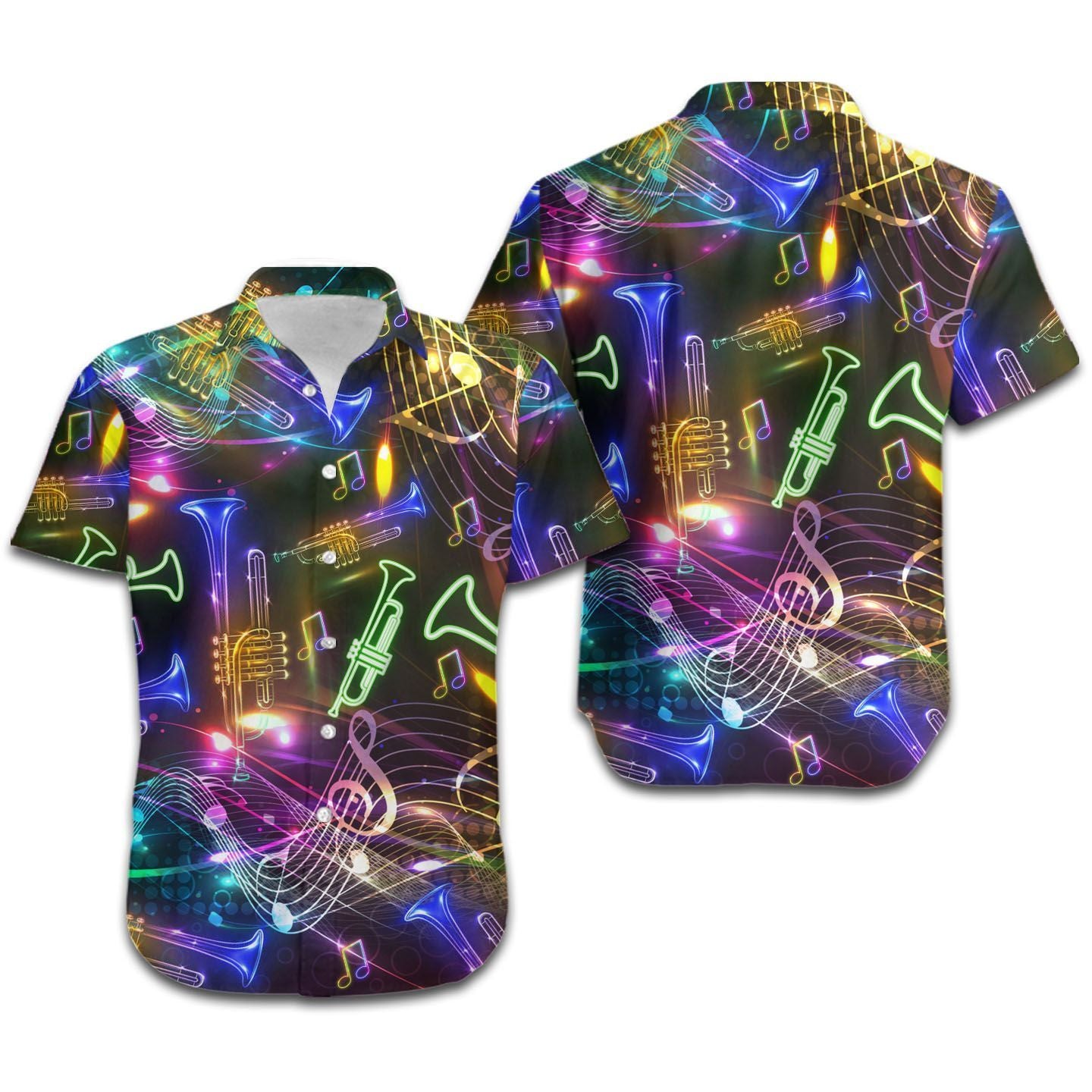 Neon Trumpet Music Staves Men Hawaiian Shirt, Summer Shirt, Beach Shirts For Trumpeters In Daily Life