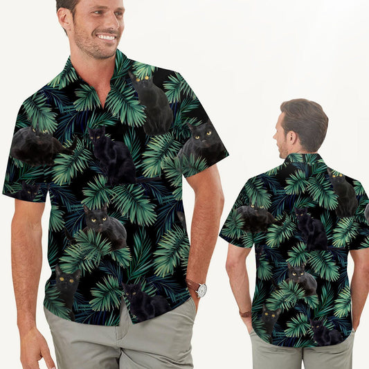 Black Cats Tropical Palm Tree Leaves Men Hawaiian Shirt, Summer Shirt, Beach Shirts For Pet Lovers