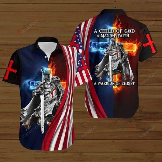 A Child Of God American Flag Fire Knight JeShirt ChriShirtt Gift EaShirtter Day Aloha Hawaiian Shirt