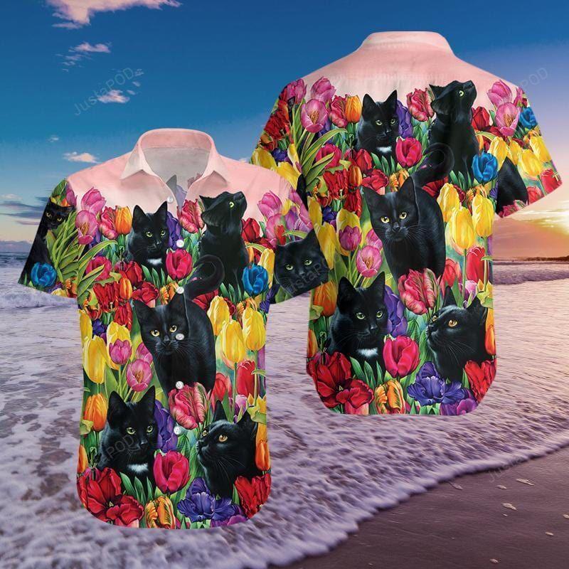 Black Cat Dream And Tulip Garden Hawaiian Shirt 2