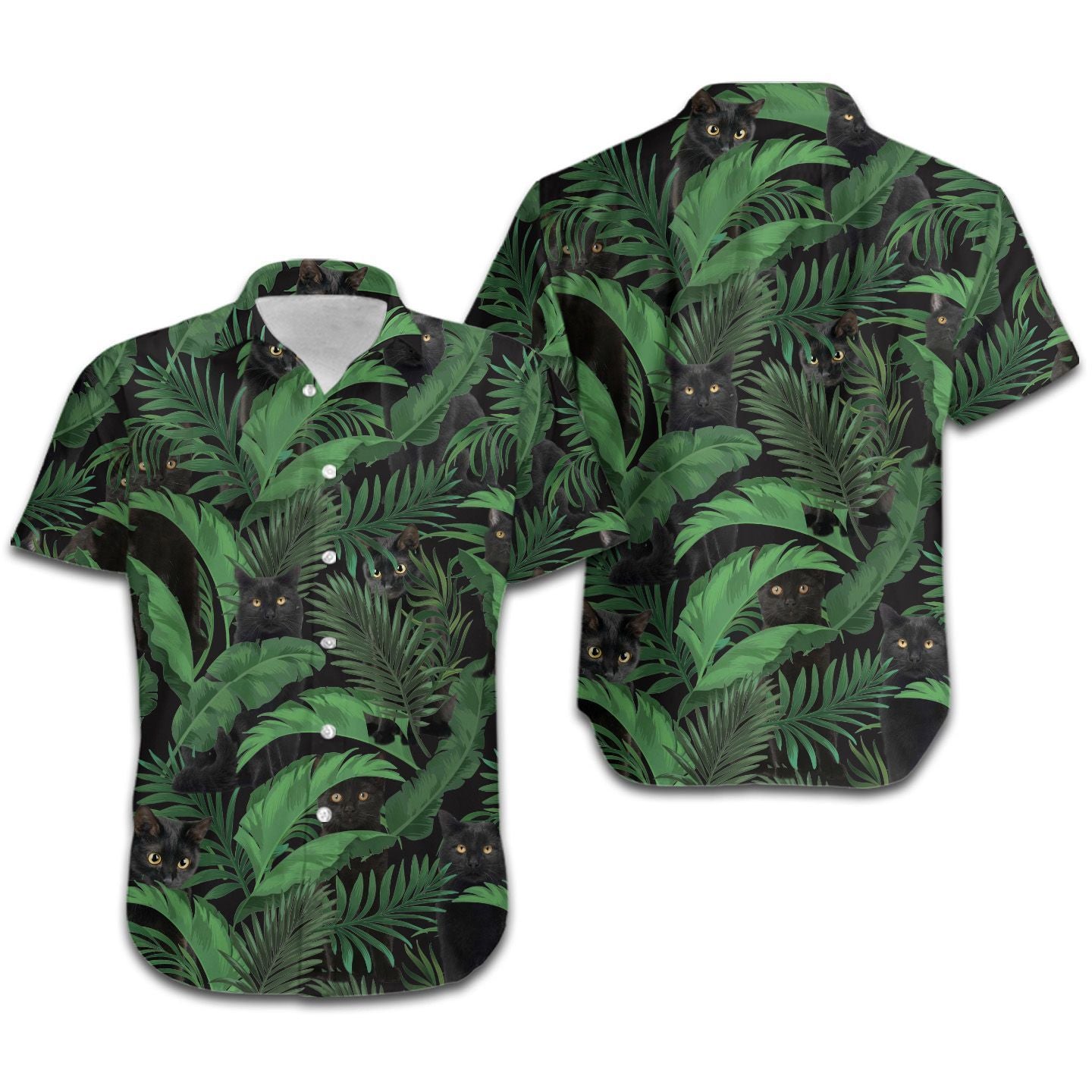 Black Cat Tropical Aloha Leaves Men Hawaiian Shirt, Summer Shirt, Beach Shirts For Cat Lovers