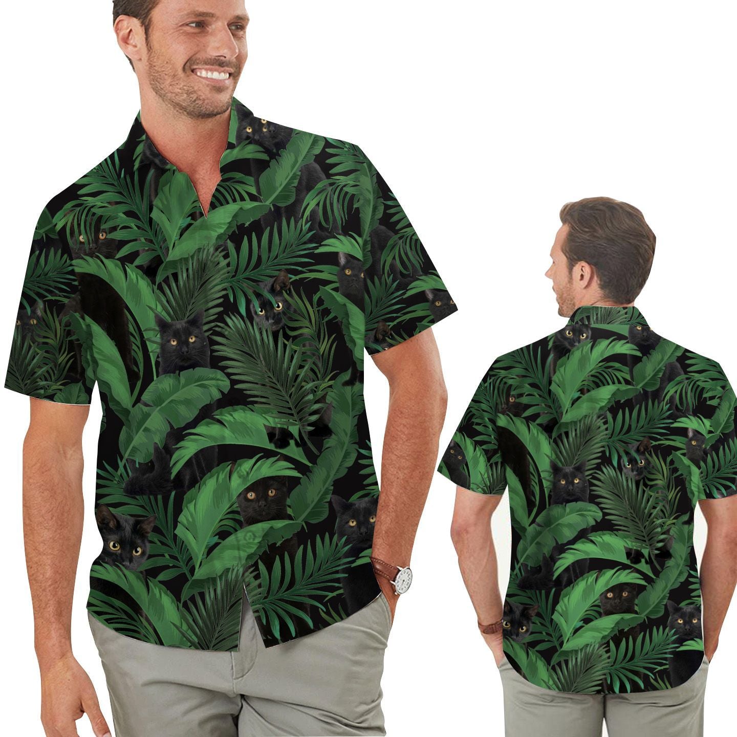 Black Cat Tropical Aloha Leaves Men Hawaiian Shirt, Summer Shirt, Beach Shirts For Cat Lovers