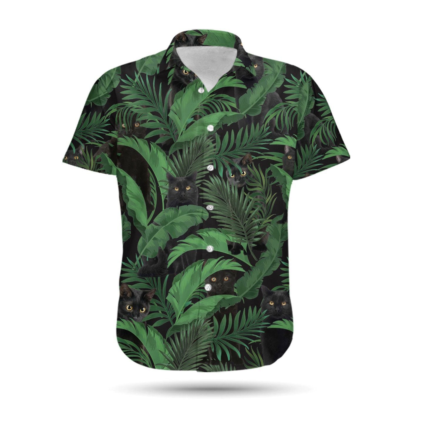 Black Cat Tropical Aloha Leaves Men Hawaiian Shirt, Summer Shirt, Beach Shirts For Cat Lovers