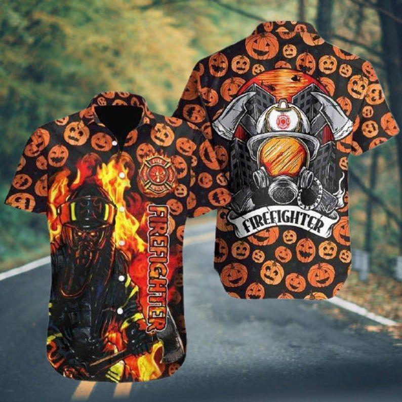 Firefighter Orange Black Unique Design Hawaiian Shirt 