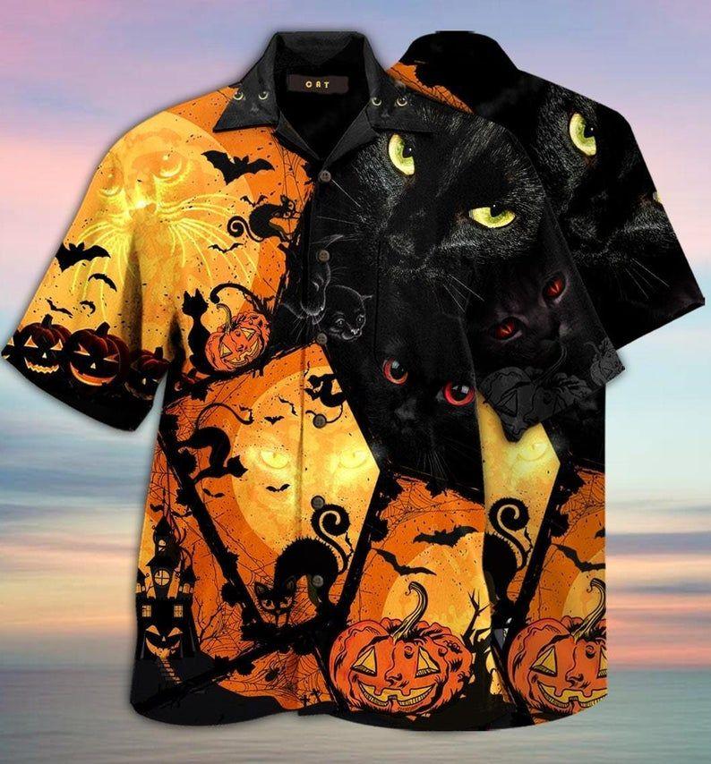 Cat Halloween Black Orange Amazing Design Hawaiian Shirt 