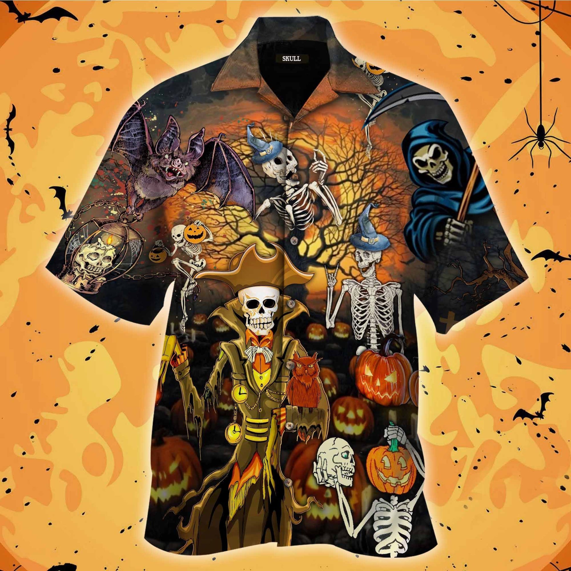 Halloween Skull Under Tree Pumpkin Hawaii Aloha Short Sleeve Shirt Hawaiian