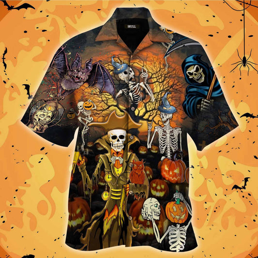 Halloween Skull Under Tree Pumpkin Hawaii Aloha Short Sleeve Shirt Hawaiian