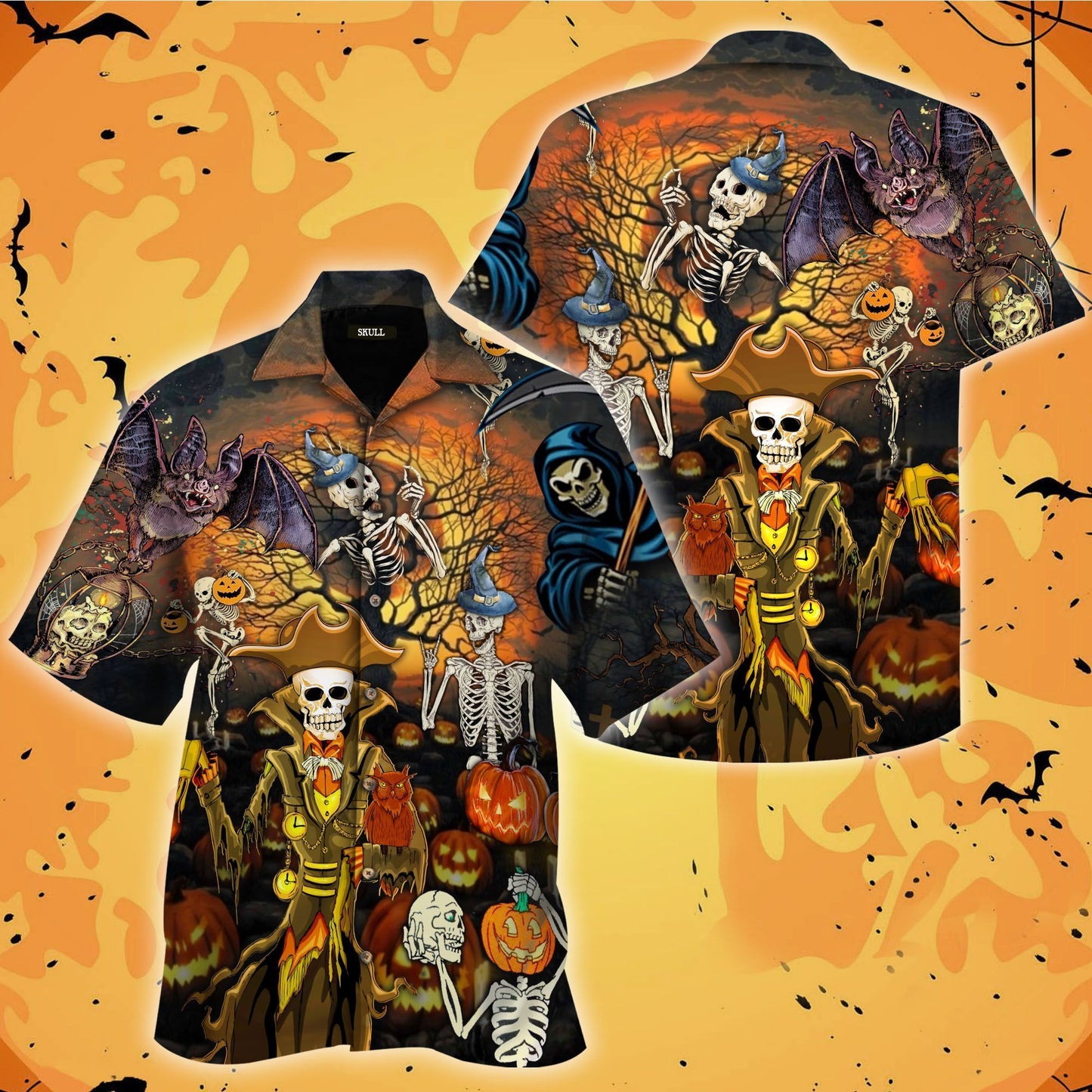 Halloween Skull Under Tree Pumpkin Hawaii Aloha Short Sleeve Shirt Hawaiian