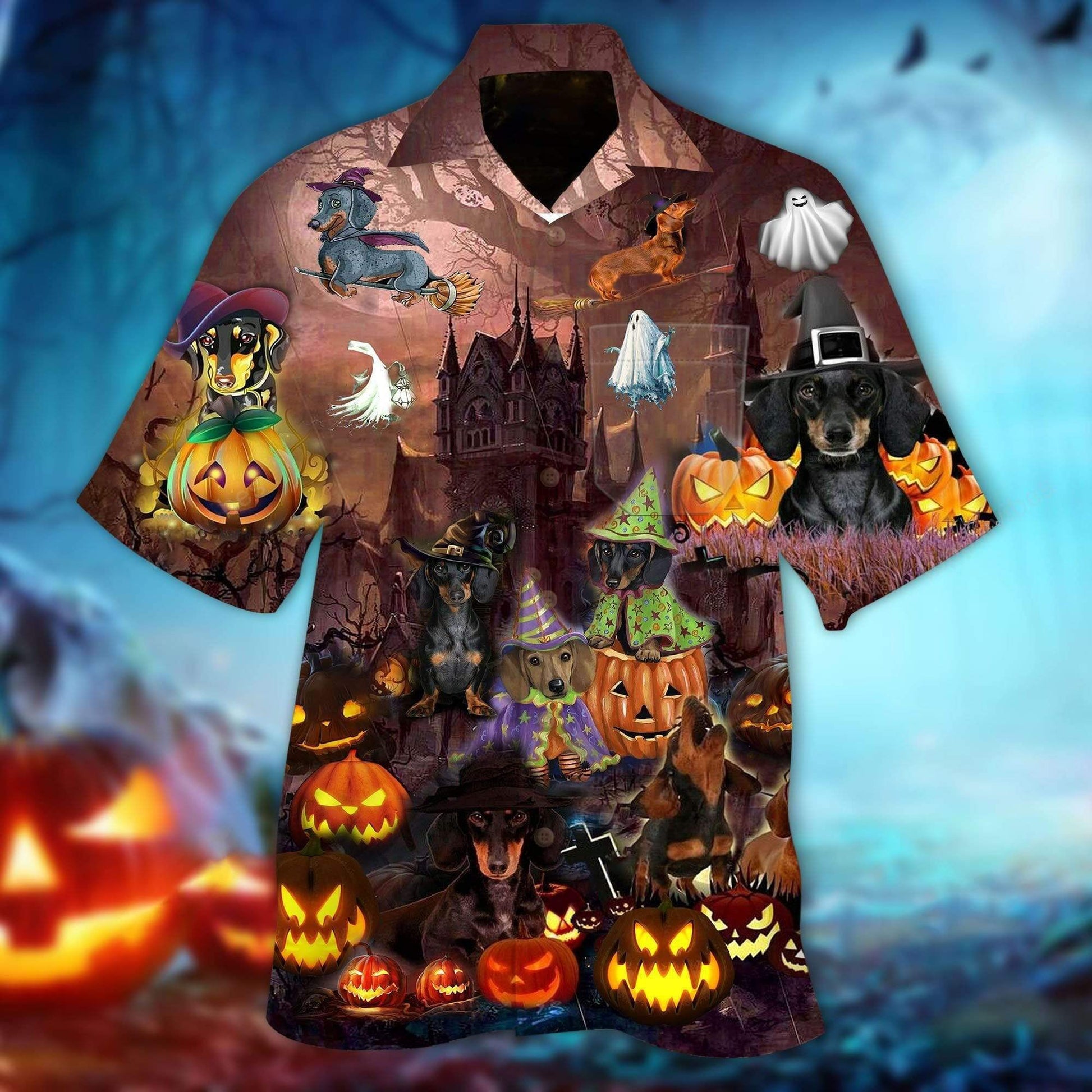 Halloween Lovely Dachshund Be The Witch Spooky Pumpkin Hawaiian Aloha Shirts #DH