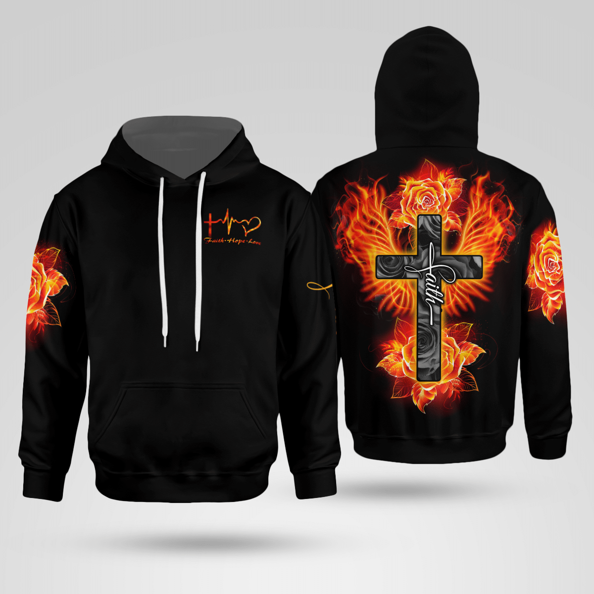 Faith Cross In Flame Roses Wings 3D Christian - Christ - Jesus - God 3D All Over Print Unisex Hoodie US Size