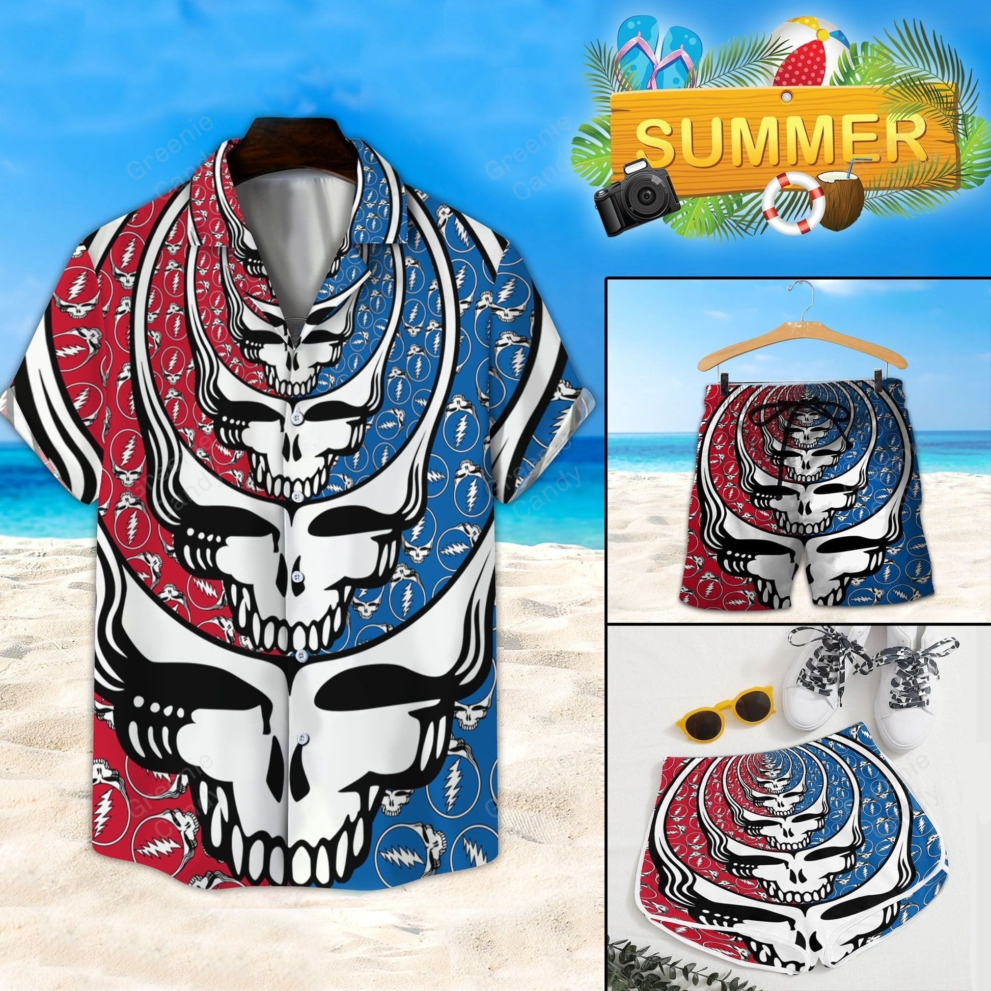 Repeated Grateful Dead Skull All Over Print 3D Unisex Hawaiian Shirt And Beach Short