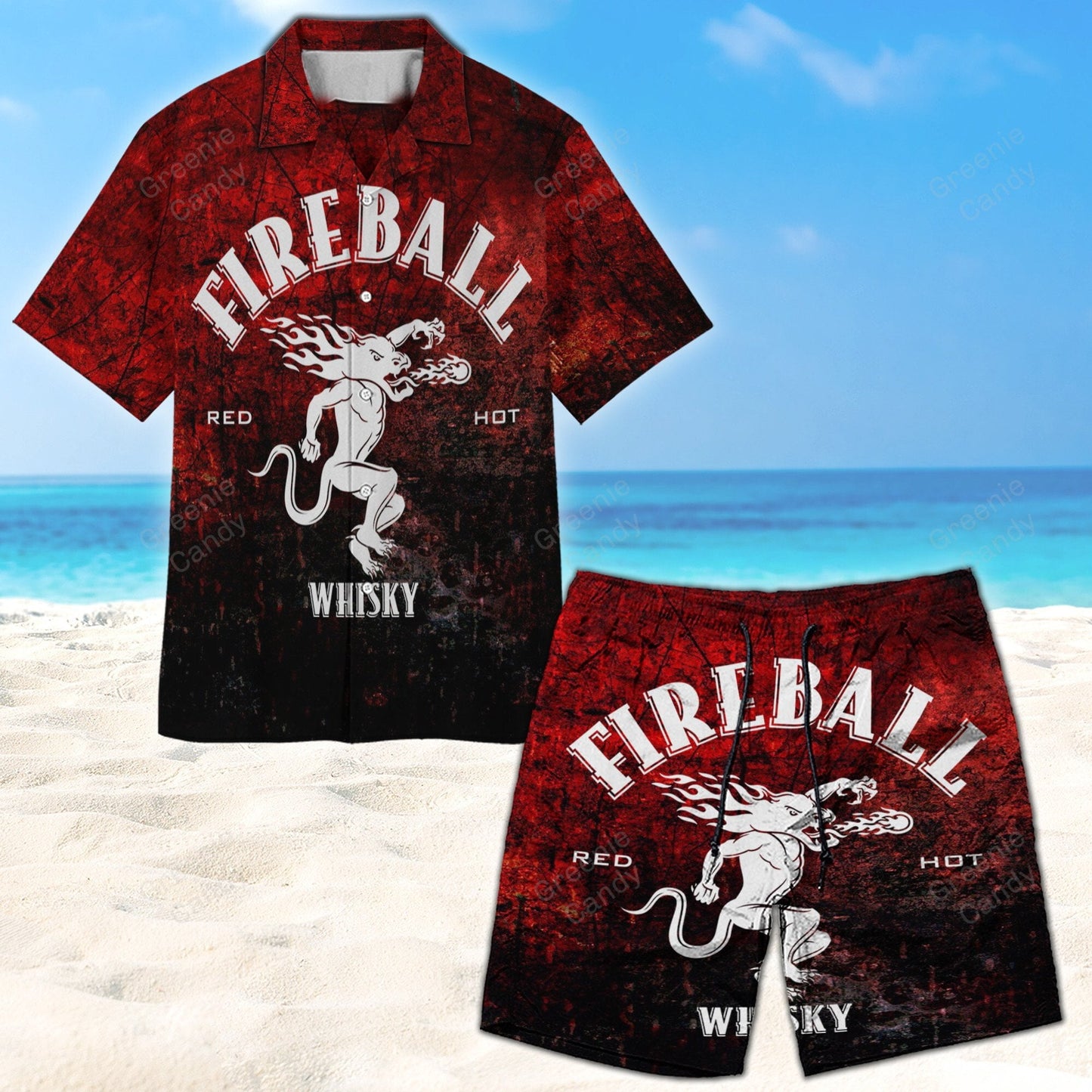 Fireball Red Whisky All Over Print 3D Unisex Hawaiian Shirt And Beach Short