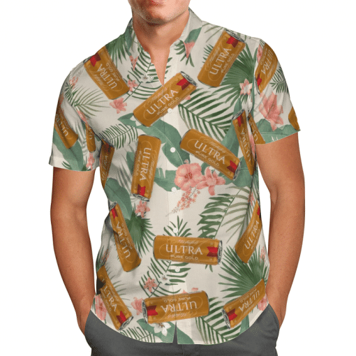 Michelob Ultra Pure Gold Tropical Leafs All Over Print 3D Hawaiian Shirt