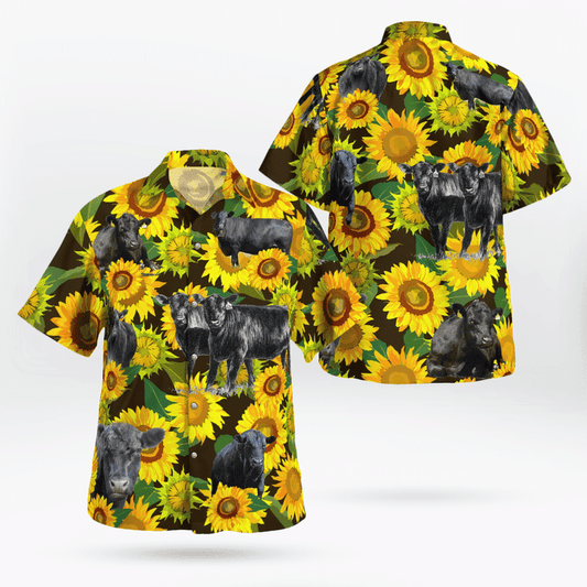 Black Angus Cattle Lovers Sunflower All Over Print 3D Hawaiian Shirt