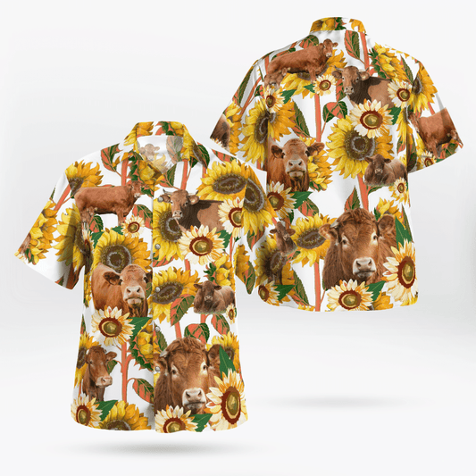 Limousin Cattle Lovers Sunflower All Over Print 3D Flowery Aloha Summer Beach Hawaiian Shirt