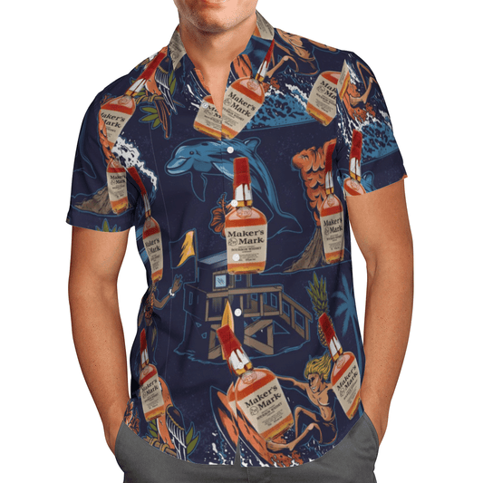 Maker's Mark Bourbon Surfing All Over Print 3D Flowery Aloha Summer Beach Hawaiian Shirt